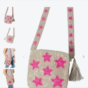 Tiana "Stars" Hand Beaded Crossbody - Silver with Pink